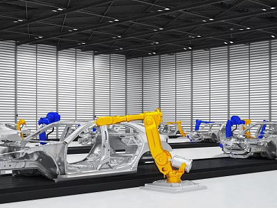 Automotive Factory Production Line With Yellow And Blue Robotic Arms Assembling Car Body Frames 3d model