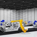 Automotive Factory Production Line With Yellow And Blue Robotic Arms Assembling Car Body Frames