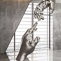 Hands Sculpture Composed of Small Cubes with Large Windows Gray Walls and Light Streaming In