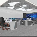 Modern Control Room Interior With Multiple Workstations Large Screen Displays And Office Chairs 3d model