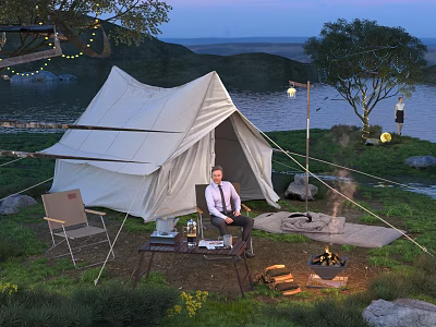 Cozy Campsite with White Canvas Tent Campfire String Lights Lake and Grass Area 3d model