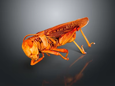 Orange Locust With Detailed Wings And Legs On Dark Reflective Surface 3d model