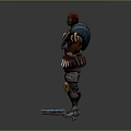 3D Warrior Character Model With Red Head Blue Outfit and Mechanical Limb