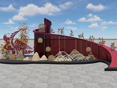 Photo Check In Spot With Red Structure Dragon Sculpture Mountain Motifs Under Blue Sky 3d model