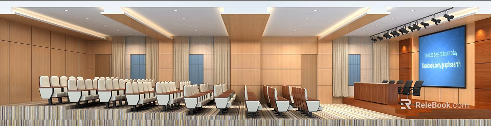 Modern Conference Room With Wooden Walls Neatly Arranged Chairs And Striped Carpet 3d model 