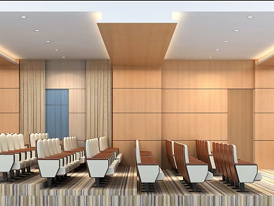 Modern Conference Room With Wooden Walls Neatly Arranged Chairs And Striped Carpet 3d model
