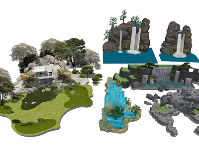 Exquisite Garden Ornaments With Rock Formations Waterfalls Green Plants And Stone Steps 3d model