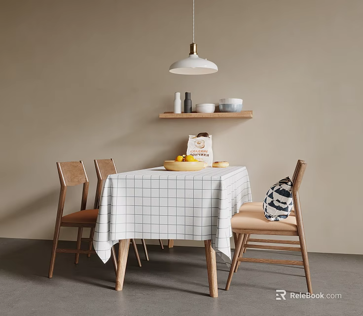 Modern Dining Table Set with Checkered Tablecloth Wooden Chairs and Pendant Light 3d model 