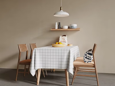 Modern Dining Table Set with Checkered Tablecloth Wooden Chairs and Pendant Light 3d model