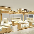 Elegant Jewelry Store Interior With Golden Display Counters Bright Lighting And Glass Showcases