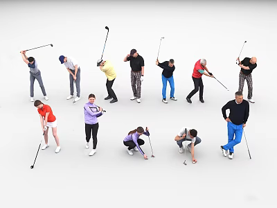 Group of People Showing Various Golf Swing Actions and Postures 3d model