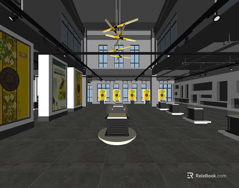 Exhibition Hall Interior with Spacious Layout Modern Chandelier and Yellow Artworks on Walls Display Platforms 3d model 