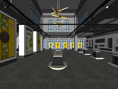 Exhibition Hall Interior with Spacious Layout Modern Chandelier and Yellow Artworks on Walls Display Platforms 3d model