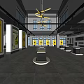 Exhibition Hall Interior with Spacious Layout Modern Chandelier and Yellow Artworks on Walls Display Platforms
