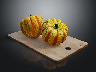 Two Vibrant Striped Pumpkins On Wooden Cutting Board For Food Preparation 3d model