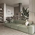 Modern Apartment Interior With Green Sofa Open Kitchen Wooden Floors And Indoor Plant