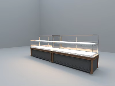 Sweet Shop Glass Display Cases With Dark Wooden Cabinets And White Countertops 3d model