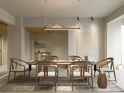 Minimalist Tea Room Interior Design With Wooden Table Chairs Hanging Lamp And Rug 3d model