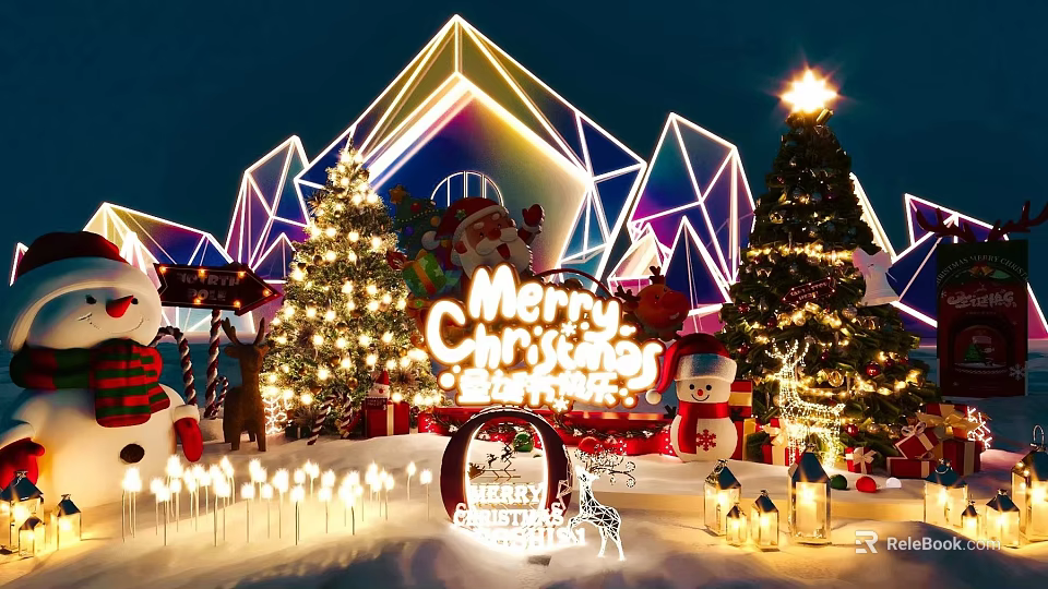 Magical Christmas Stage Featuring Neon Geometric Design Christmas Trees Snowman Lanterns And Lights 3d model 