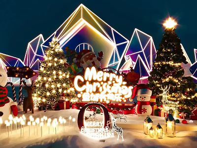 Magical Christmas Stage Featuring Neon Geometric Design Christmas Trees Snowman Lanterns And Lights 3d model