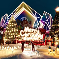 Magical Christmas Stage Featuring Neon Geometric Design Christmas Trees Snowman Lanterns And Lights
