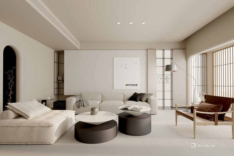Modern Living Room Interior with Beige Sofa Round Coffee Tables Floor Lamp and Wall Art 3d model 