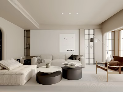 Modern Living Room Interior with Beige Sofa Round Coffee Tables Floor Lamp and Wall Art 3d model