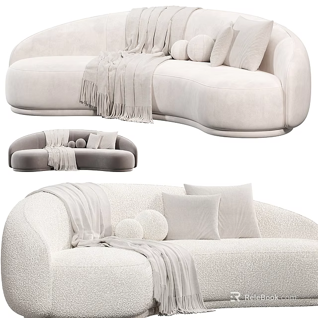 Modern Cream Sectional Sofa With Soft Throw Blanket And Round Decorative Pillows 3d model 