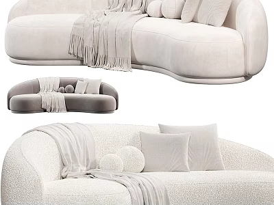 Modern Cream Sectional Sofa With Soft Throw Blanket And Round Decorative Pillows 3d model