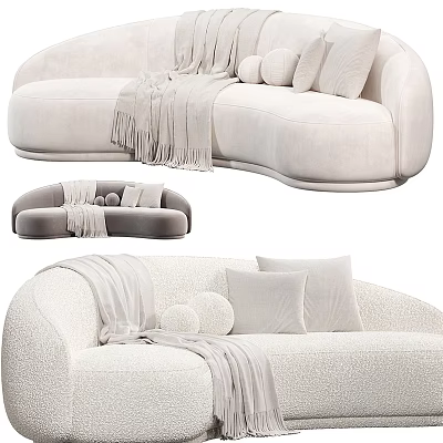Modern Cream Sectional Sofa With Soft Throw Blanket And Round Decorative Pillows 3d model