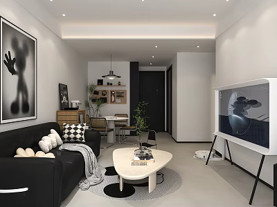 Modern Living and Dining Room With Black Sofa White Coffee Table TV Green Plants Rug 3d model