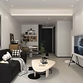 Modern Living and Dining Room With Black Sofa White Coffee Table TV Green Plants Rug