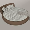 Round Bed With Brown Leather Headboard Gray Pillows And Blanket 3d model