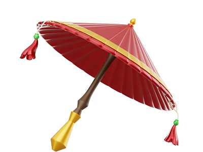 Red Traditional Umbrella With Golden Trim Brown Handle And Red Tassels 3d model