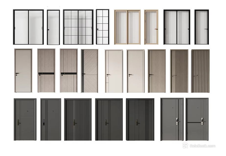 Various Modern Swing Doors Featuring Different Design Styles And Material Options 3d model 