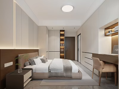 Modern Minimalist Bedroom Interior Design With Bed Nightstand Desk Chair And Built-in Cabinets 3d model