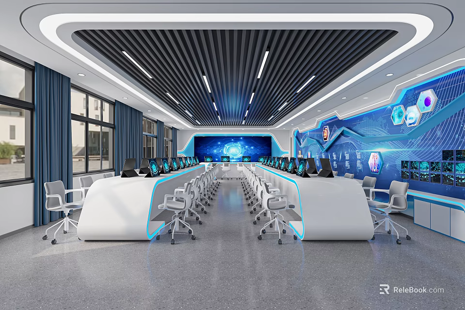School Modern Technology Control Room Setup With Multiple Display Screens And Equipment 3d model