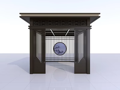Traditional Chinese Architectural Component With Wooden Grille And Round Ornamental Panel 3d model