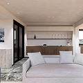 Modern Living Dining Room Interior With Grey Sofa TV Wall And Staircase