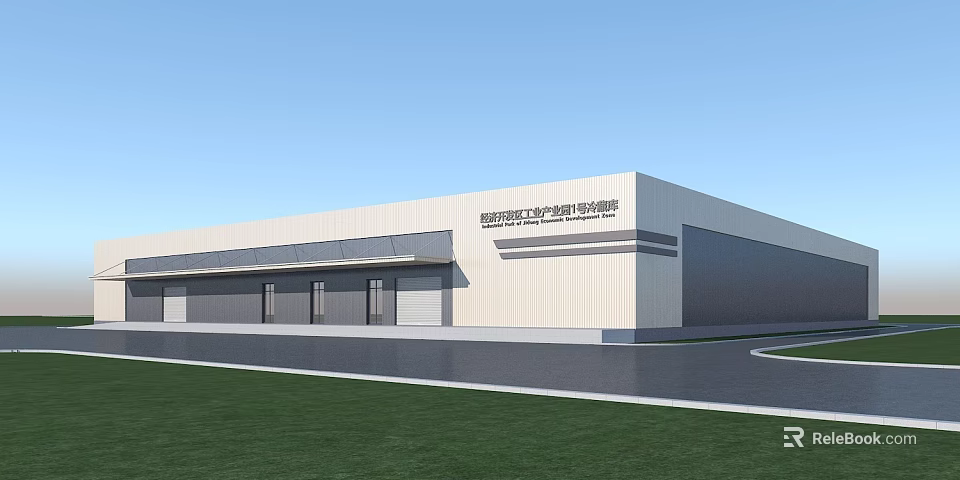 Modern Industrial Factory Building Exterior With White Metal Walls Large Windows And Front Green Lawn 3d model 