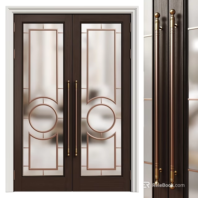 Modern Interior Double Swing Doors With Decorative Glass And Brass Frames 3d model 