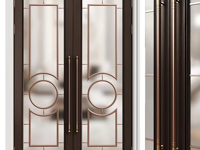 Modern Interior Double Swing Doors With Decorative Glass And Brass Frames 3d model