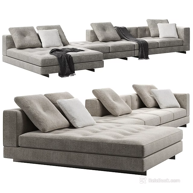 Modern Gray Sectional Sofa With Soft Fabric Cushions And Cozy Throw Pillows 3d model