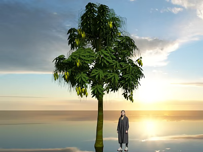 Tall Arbor With Green Leaves Yellow Fruits Near Person Under Sunset Sky Water Reflection 3d model