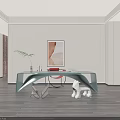Modern Teal Curved Desk With Green Plant Vase Red Book Abstract Painting And White Ornament