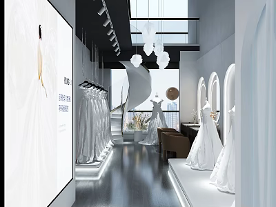 Modern Bridal Shop Interior With Elegant Hanging Wedding Gowns And Full Length Mirrors 3d model