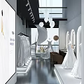Modern Bridal Shop Interior With Elegant Hanging Wedding Gowns And Full Length Mirrors