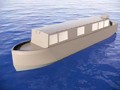 Light Colored River Boat With Windows Floating On Blue Calm Water 3d model