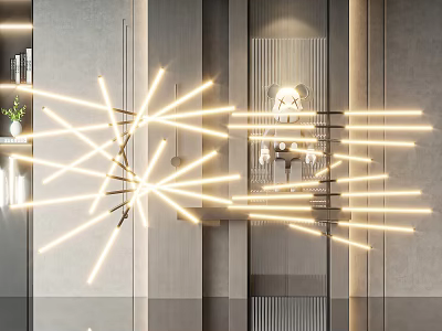 Modern Artistic Chandelier With Geometric Lines And Warm Golden Lighting In Interior Space 3d model