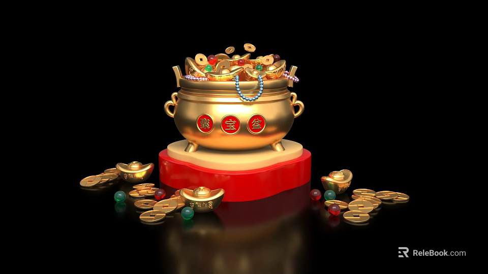 Chinese Golden Treasure Bowl On Red Base With Gold Coins Jewelry And Ingots 3d model 